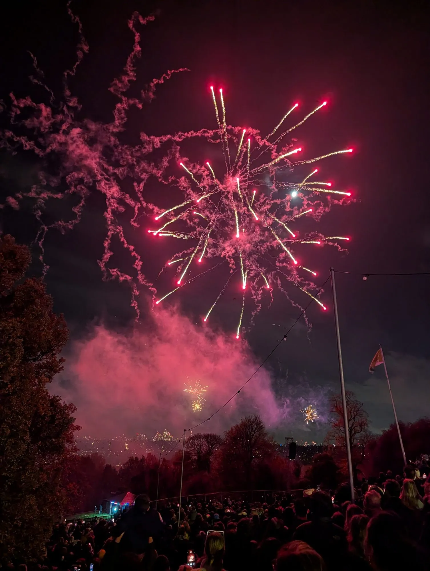 A large red firework bursting over the crowd at the Alexandra Palace fireworks, with the lights of London visible below