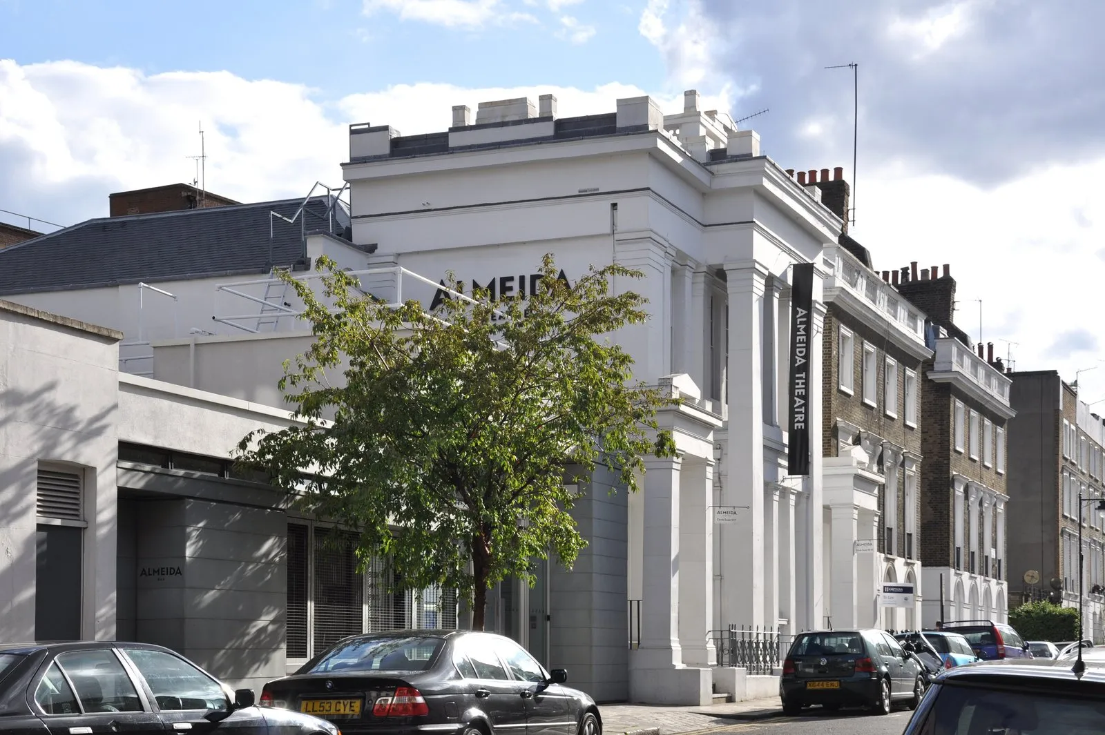 The white stucco frontage of the Almeida Theatre in Islington