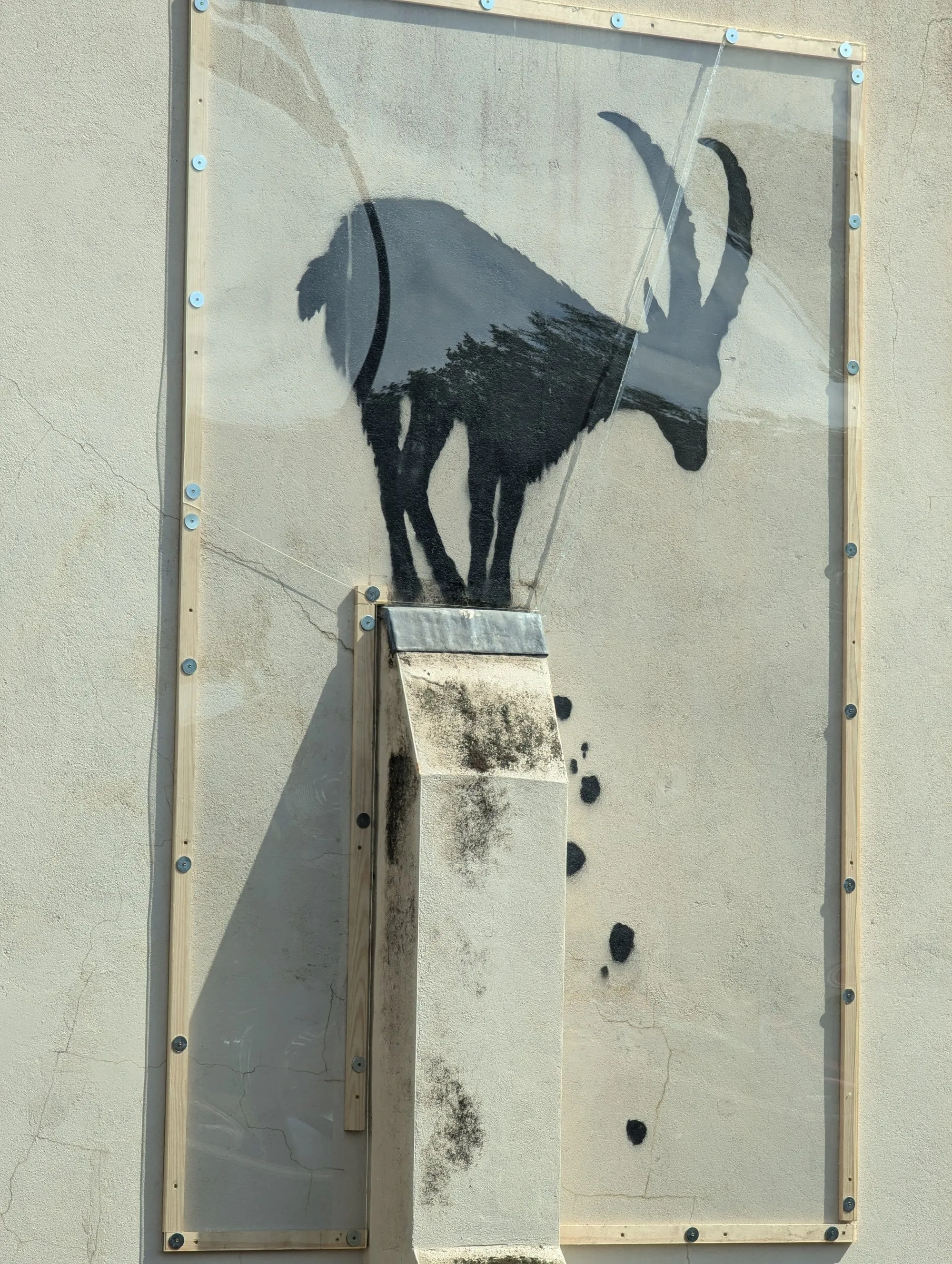 Banksy's stencilled goat balanced on a ledge above a stone plinth, protected behind a screwed-down perspex sheet, on a building near Kew Bridge