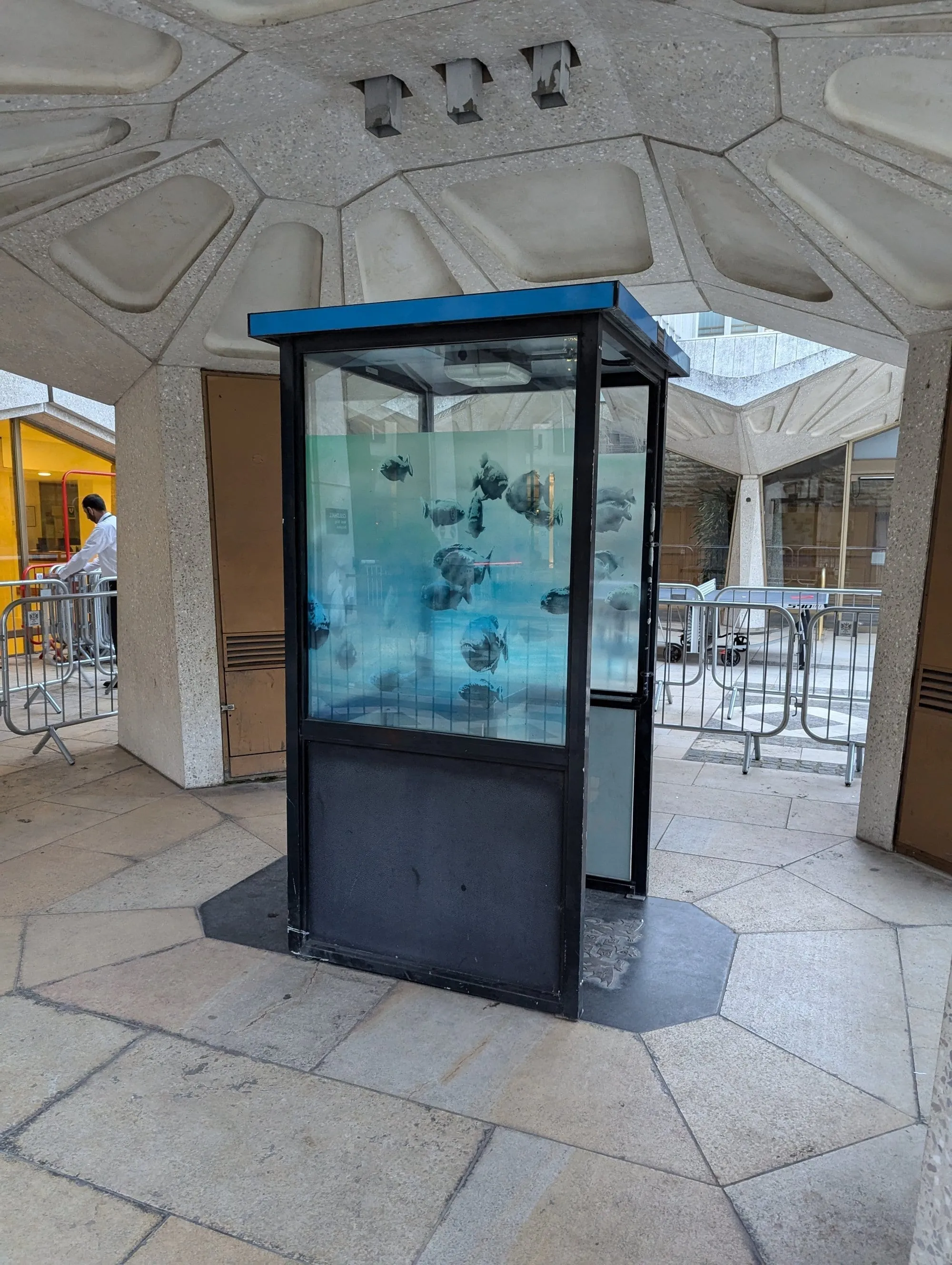 Banksy's piranha shoal stencilled onto the glass of a police sentry box in Guildhall Yard, City of London, tinted blue to look like an aquarium