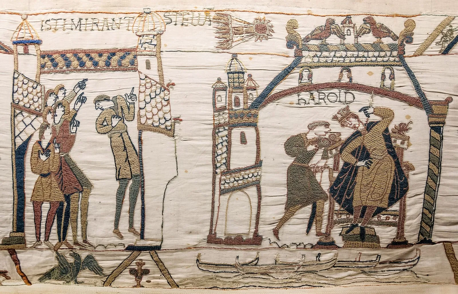 The Bayeux Tapestry scene in which men point at Halley's Comet while King Harold sits enthroned beneath the word HAROLD