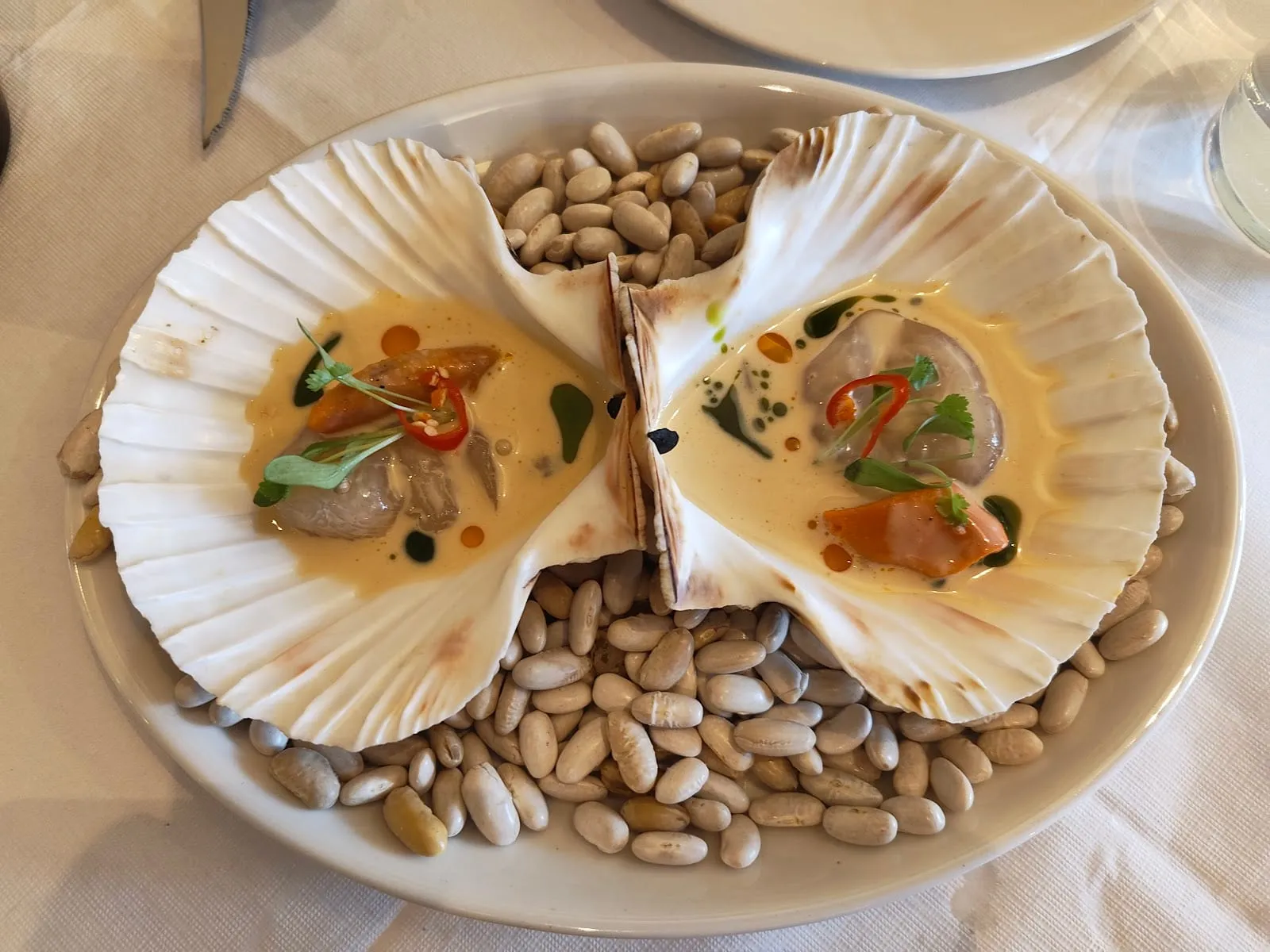 Two scallop shells set on a bed of dried white beans, each holding scallop in a pale coconut sauce with red chilli rings, coriander and drops of green and orange oil