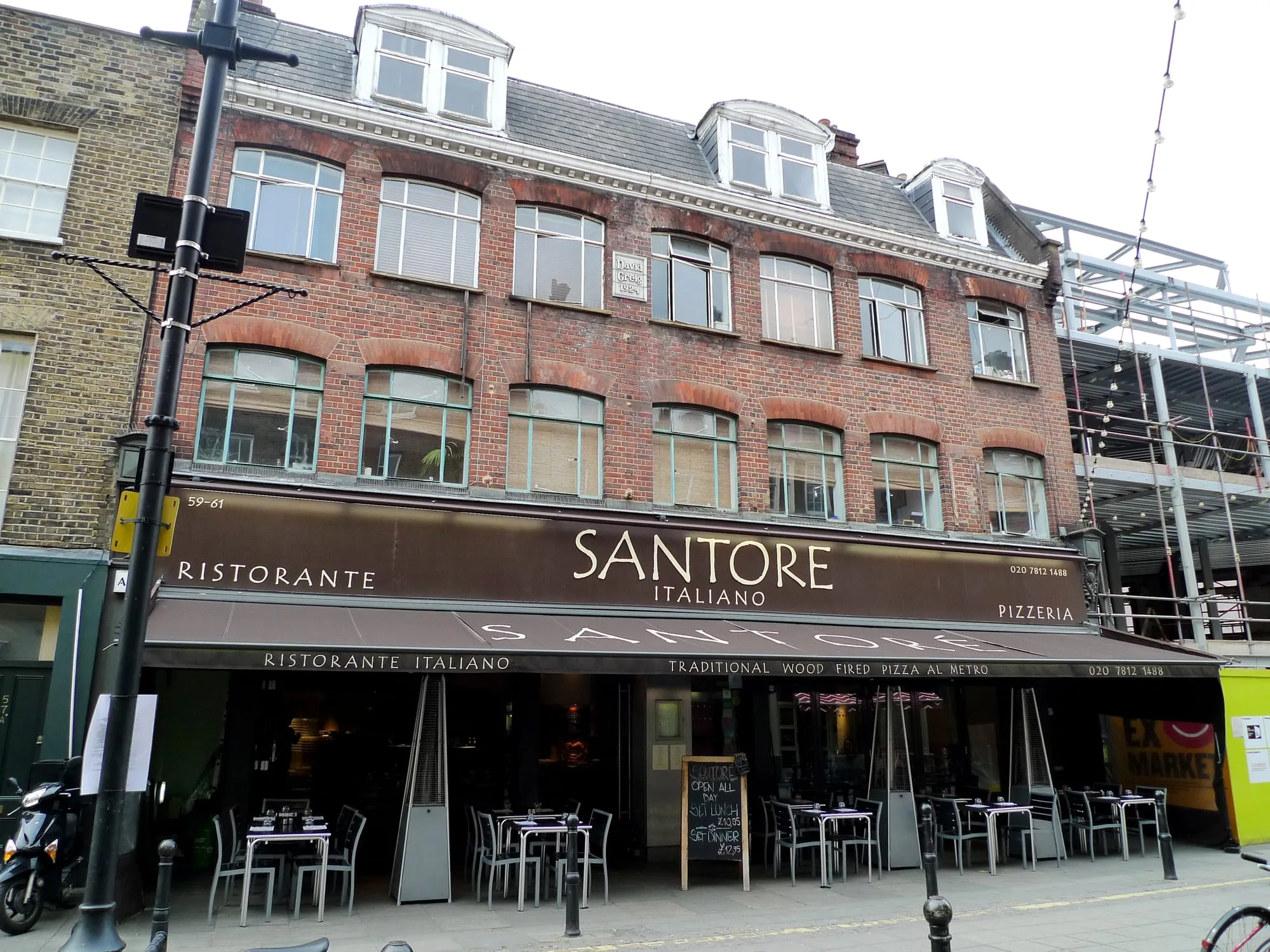 The frontage of an Italian restaurant on a Clerkenwell street in London