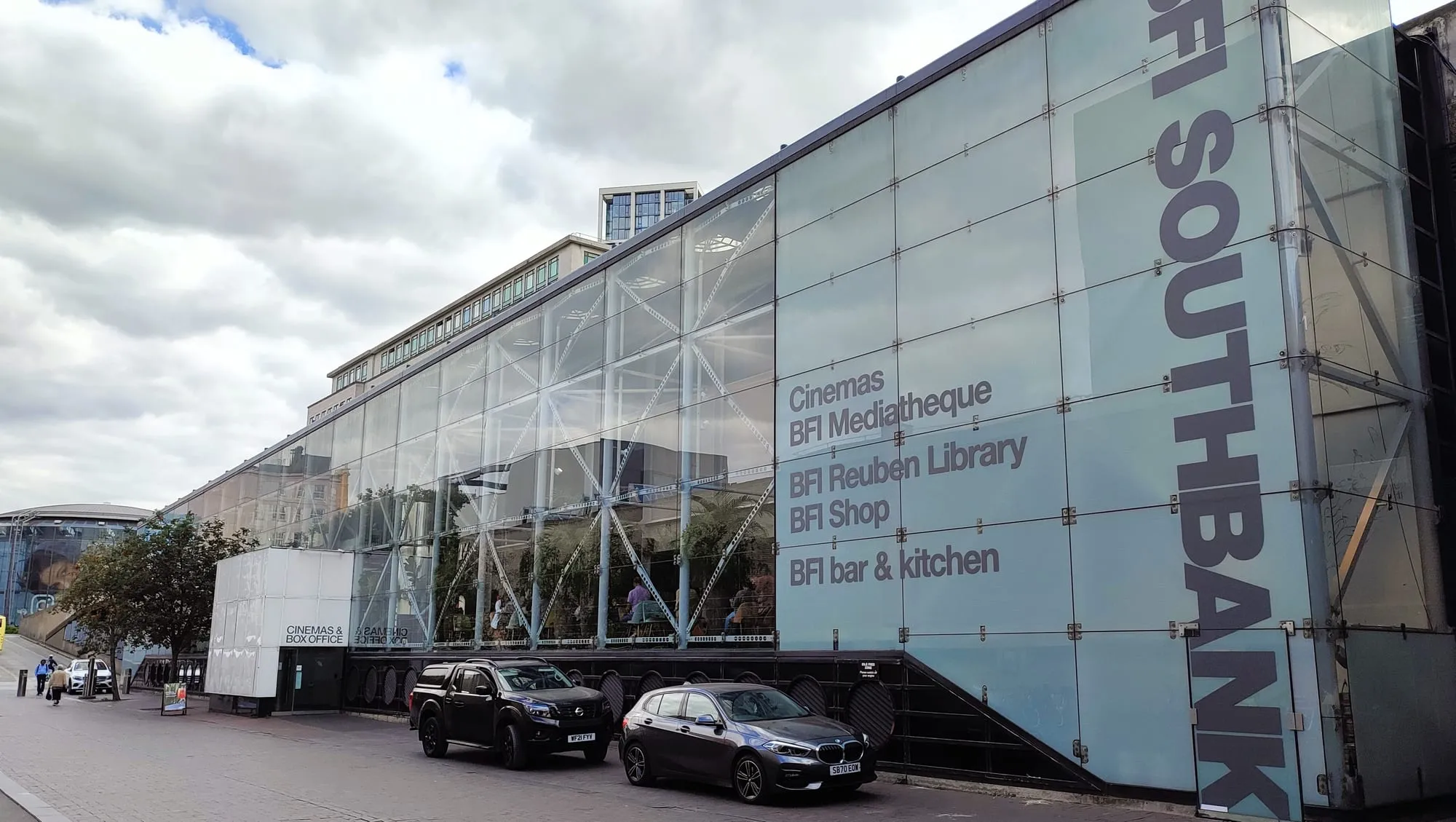 The glass frontage of BFI Southbank, signed for the cinemas, box office, Mediatheque, Reuben Library and bar