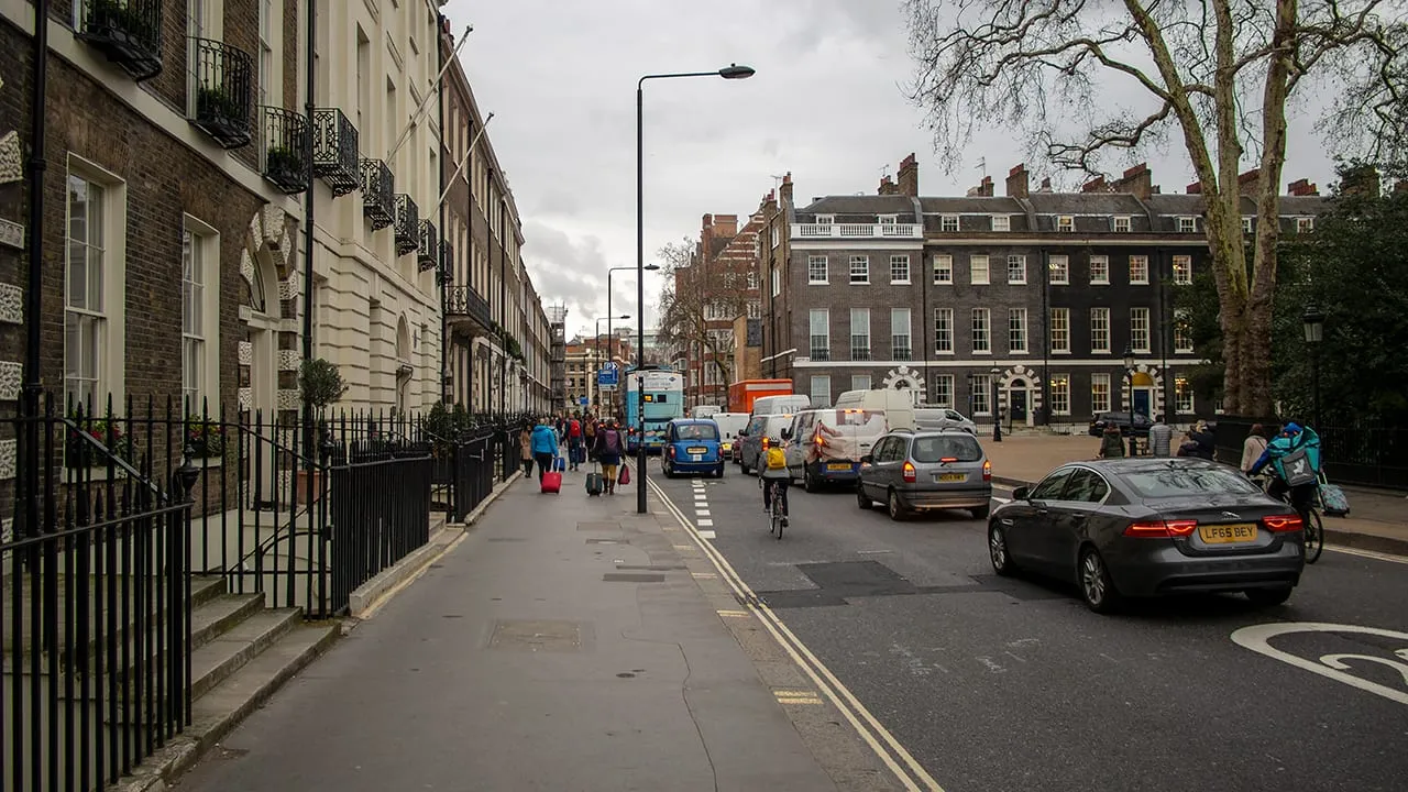 Georgian terraces on Bloomsbury Street looking towards Bedford Square
