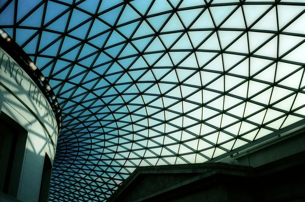 The glass and steel lattice roof of the British Museum's Great Court