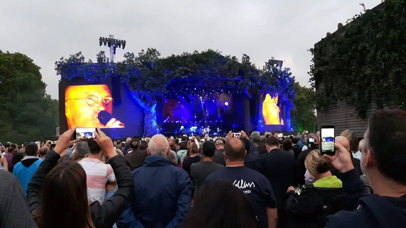A crowd standing on the grass in Hyde Park in front of the BST stage, which is dressed as giant trees and lit blue, with a singer on the big screen to the left