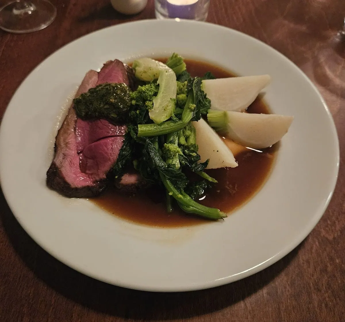 A Sunday roast at The Camberwell Arms: sliced beef with a herb dressing, swede wedges and greens in gravy