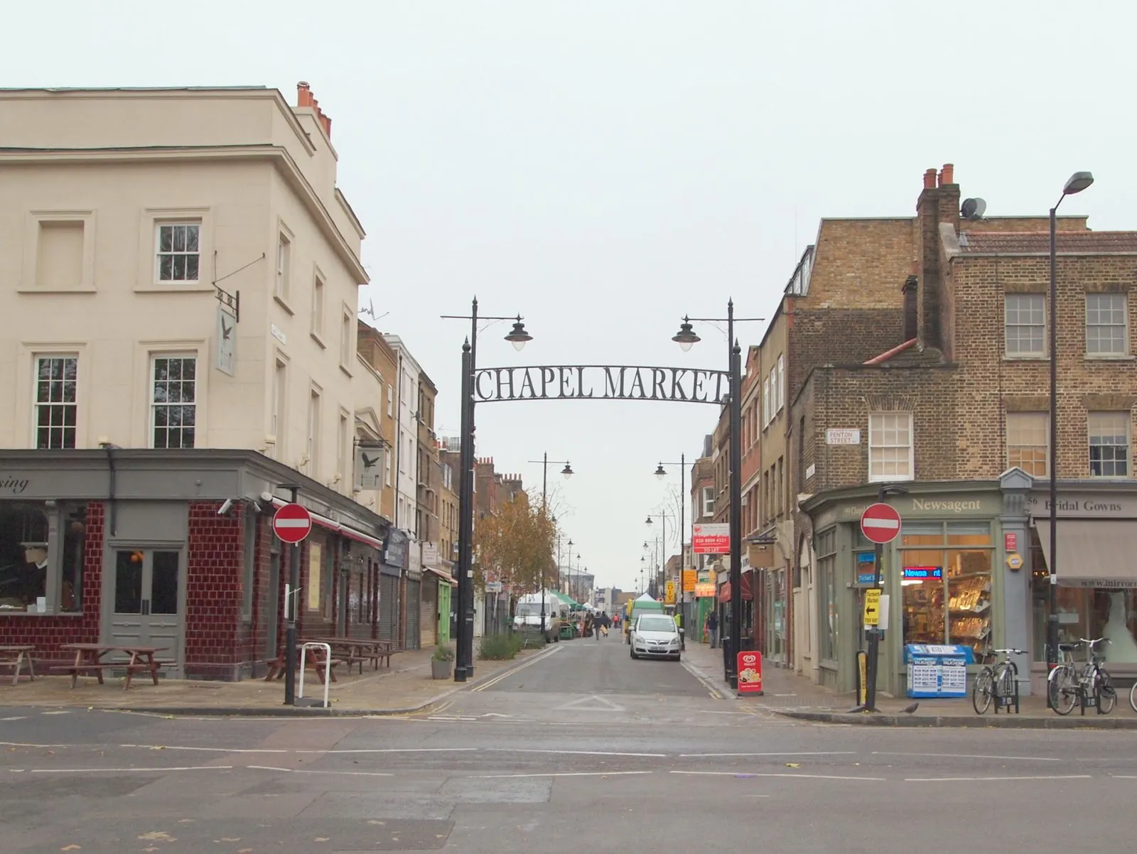 The Chapel Market sign spanning the street in Islington