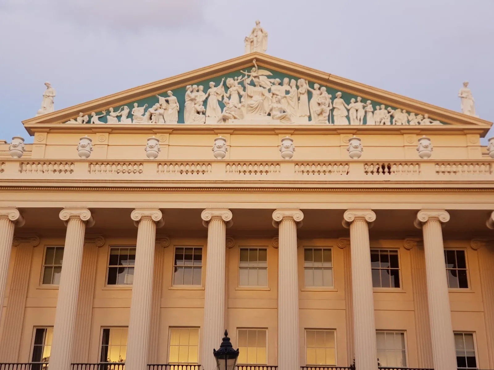 The columned entrance and sculpted white pediment of Cumberland Terrace