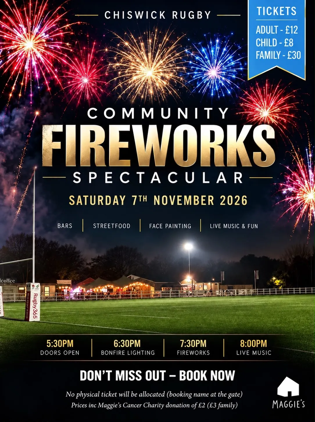 Chiswick Rugby's poster for its Community Fireworks Spectacular on Saturday 7 November 2026, with fireworks over the floodlit pitch and the night's times and ticket prices