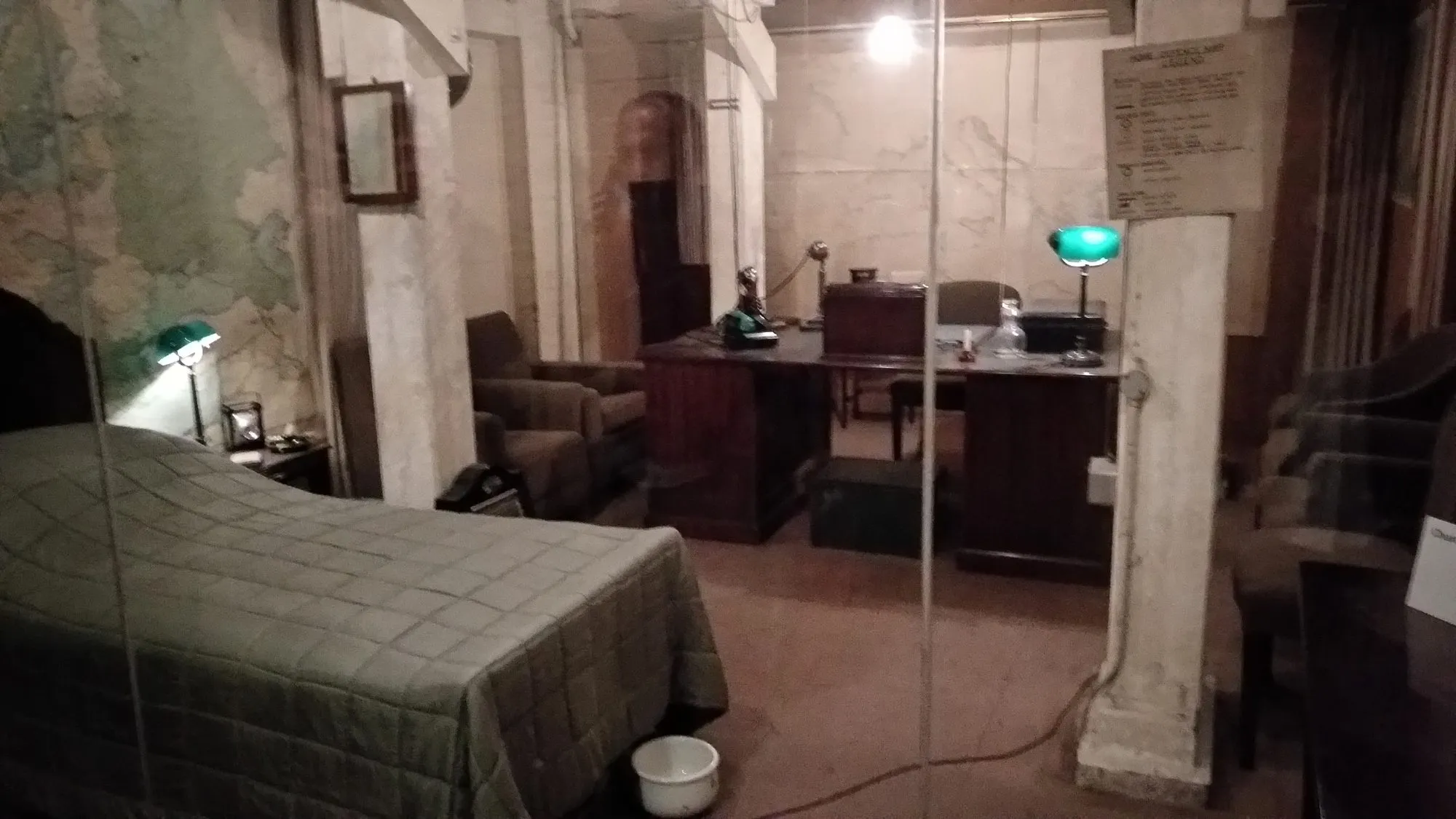 Winston Churchill's underground bedroom and desk with broadcast microphone