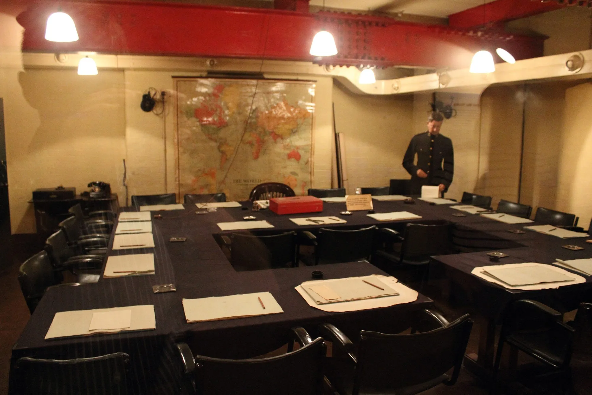 The Cabinet War Room with conference table, ministerial dispatch box, and Churchill's central armchair