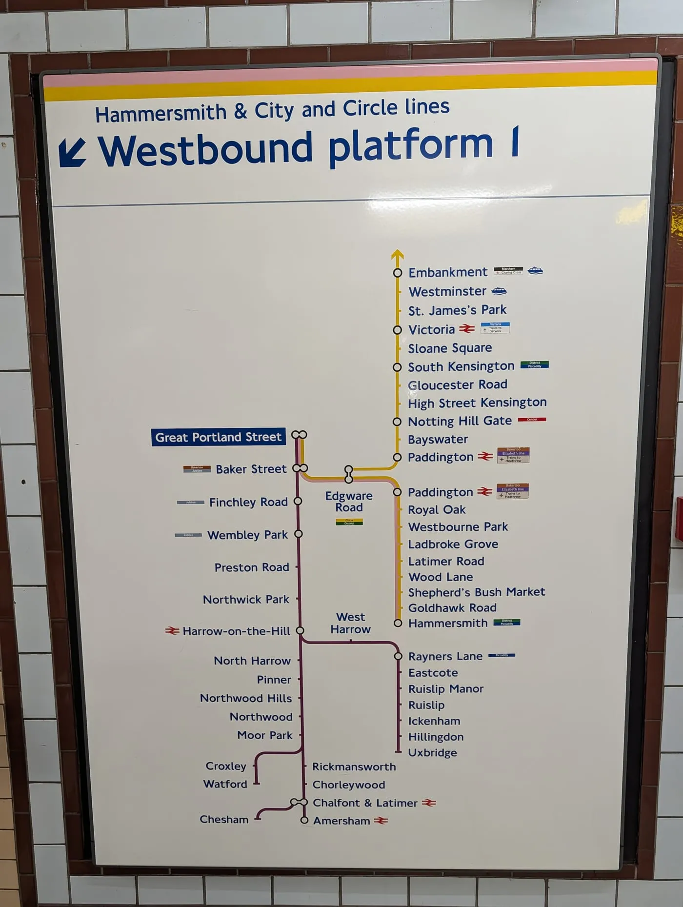 A platform line diagram at Great Portland Street showing westbound stops on the Hammersmith & City and Circle lines