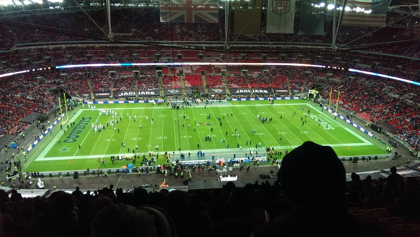 The Jacksonville Jaguars facing the Dallas Cowboys in front of a packed crowd at Wembley Stadium