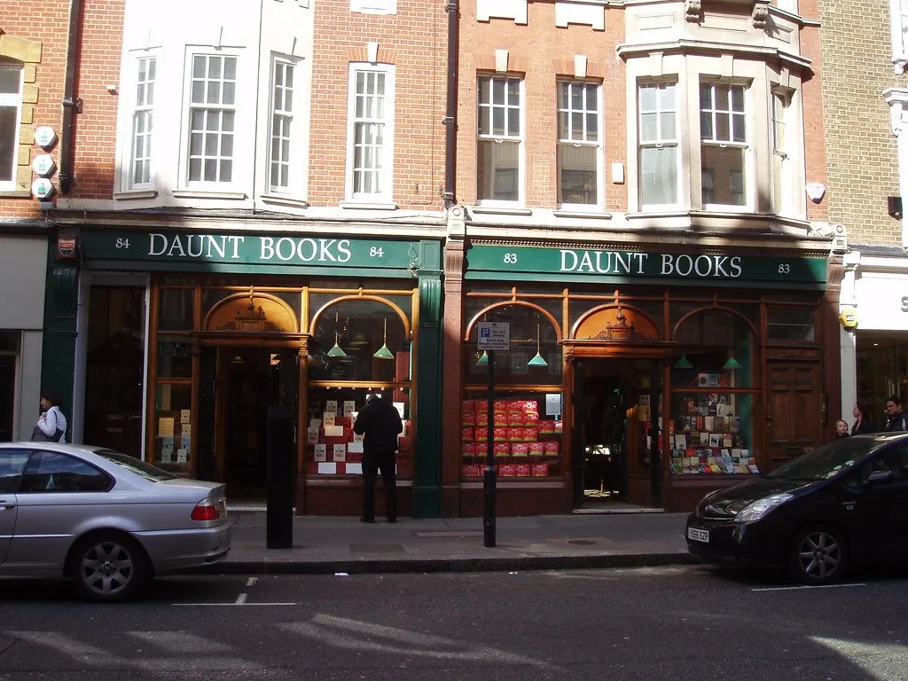 The green Edwardian shopfront of Daunt Books on Marylebone High Street