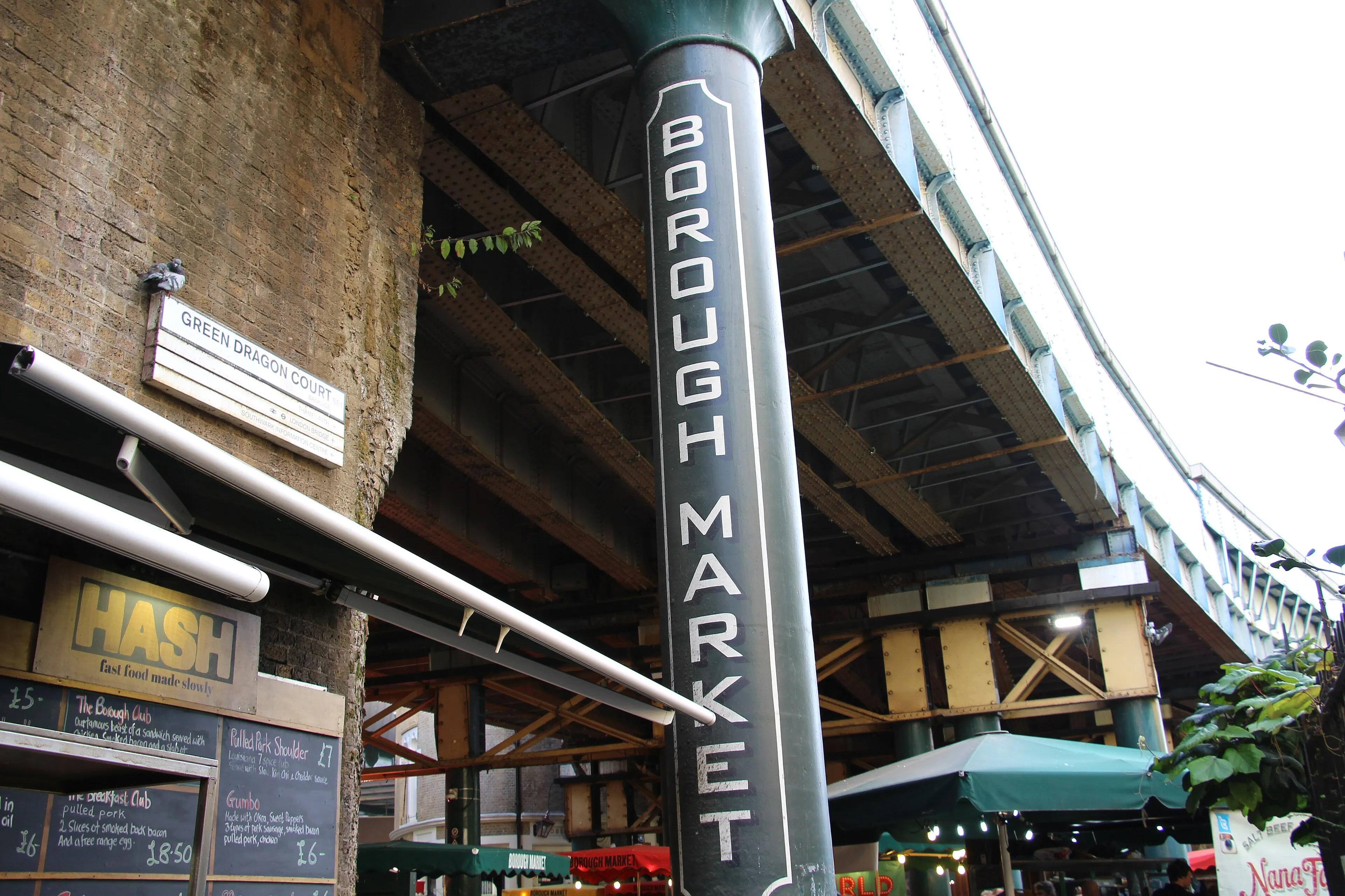 The entrance to Borough Market beneath a railway viaduct in London