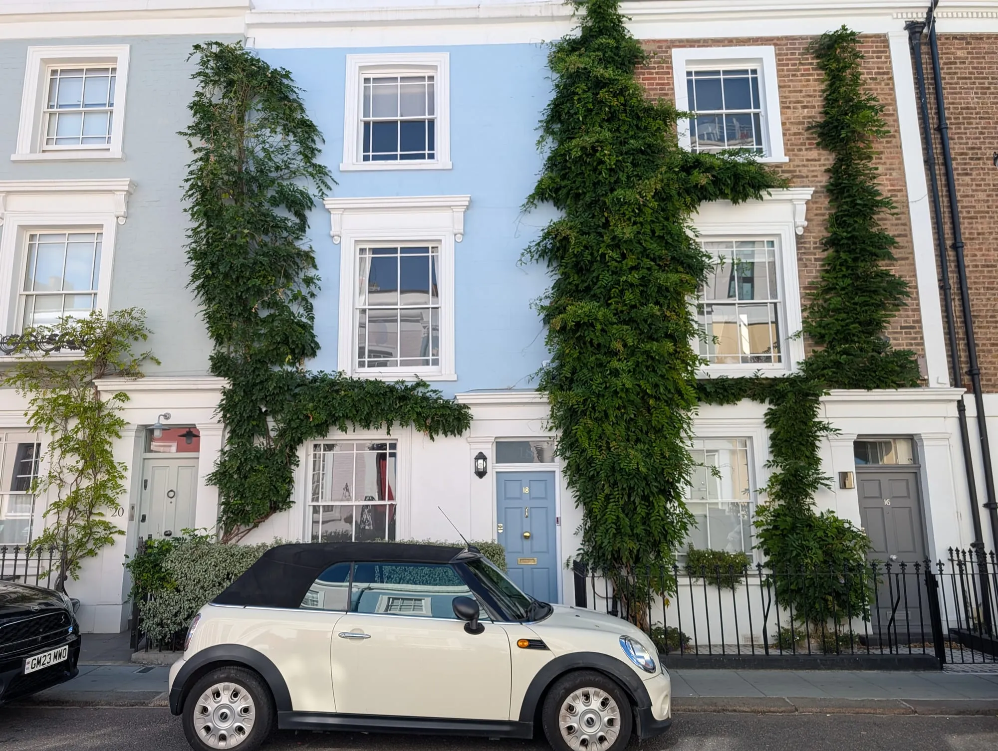 A white house on Farmer Street with ivy grown across the whole facade, trimmed neatly around the sash windows