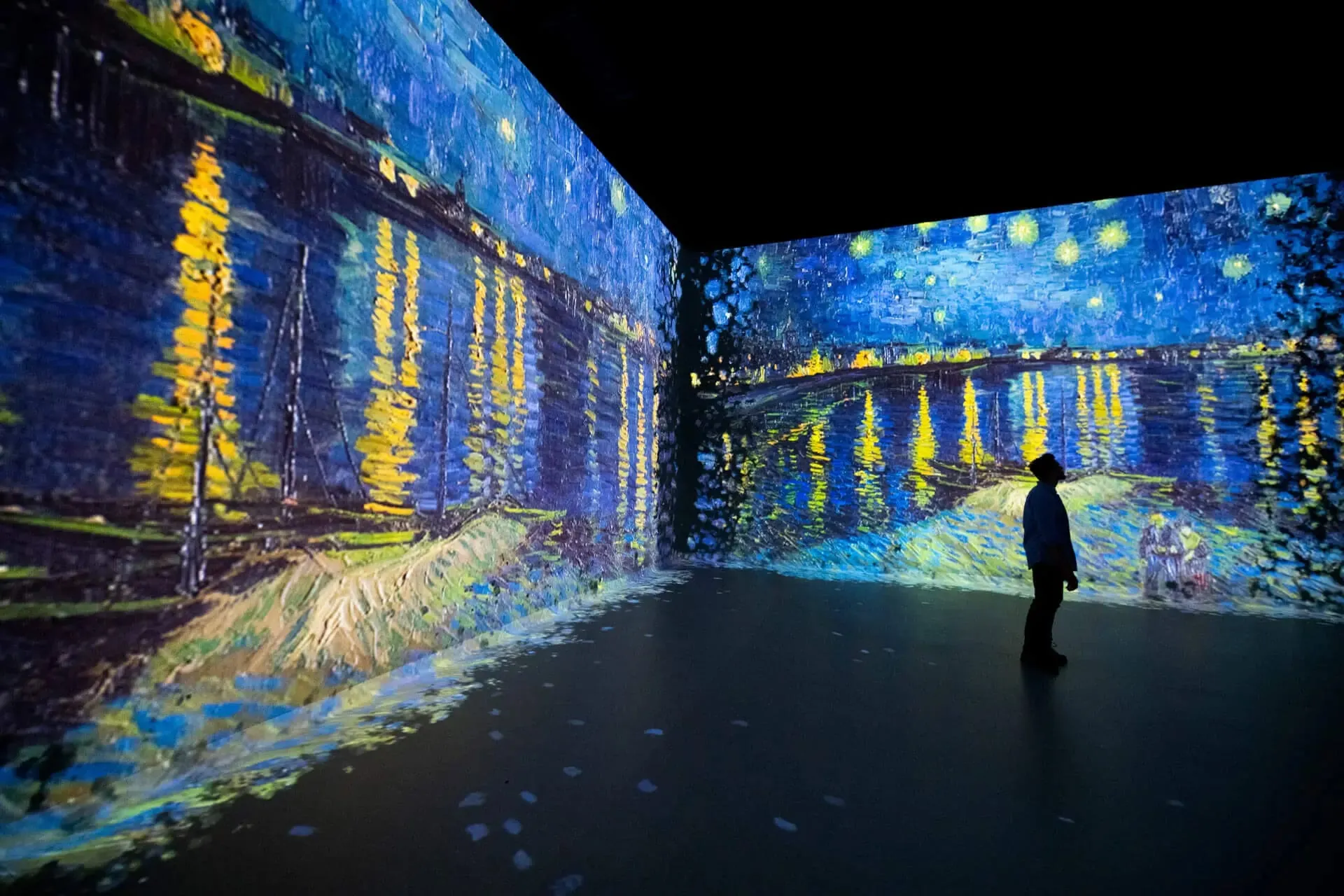 A visitor silhouetted against Van Gogh's Starry Night Over the Rhone projected across two walls and the floor at Frameless