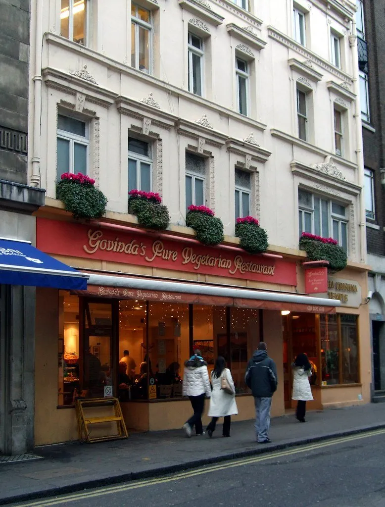 The red awning of Govinda's Pure Vegetarian Restaurant on Soho Street