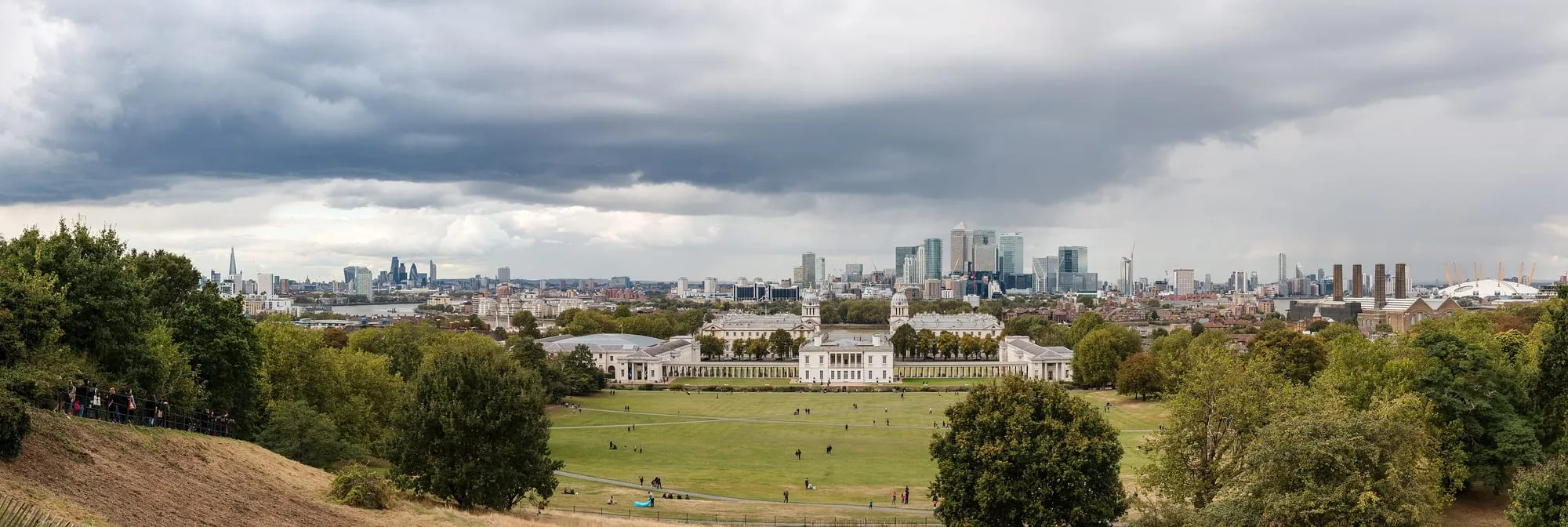 Greenwich Park looking down over the Old Royal Naval College to the Thames, Canary Wharf and the O2
