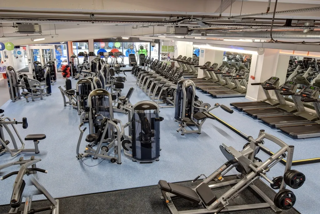 A large gym floor seen from above, two long rows of treadmills along one wall and resistance machines filling the middle, on pale blue flooring