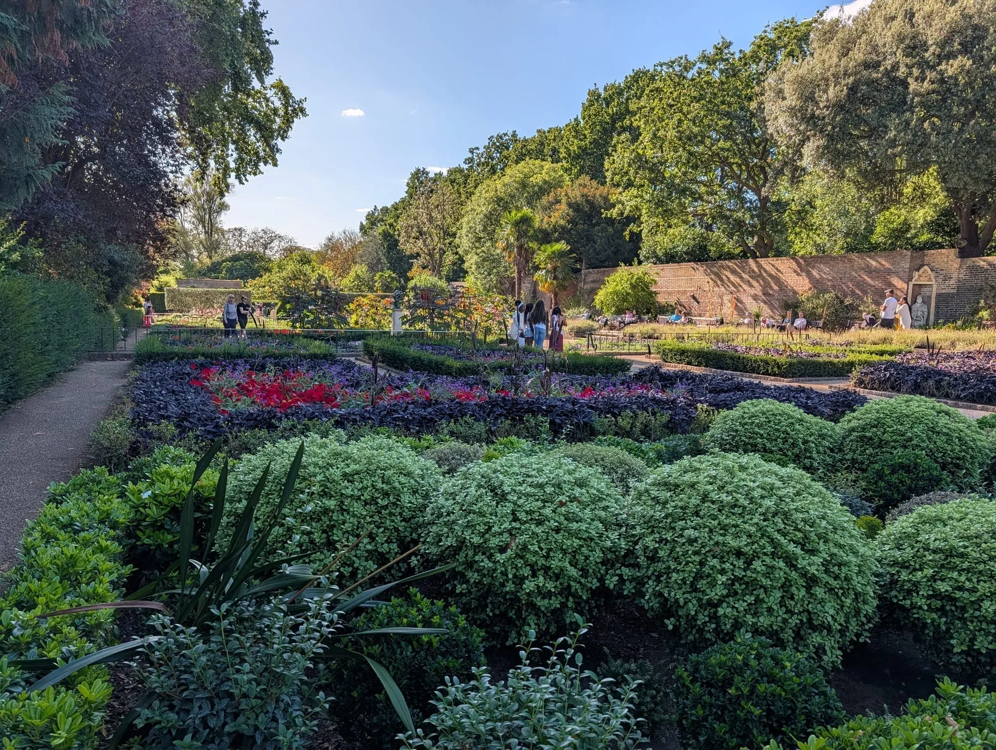 Formal planted beds at Holland Park, clipped box balls and dense borders on a terraced slope
