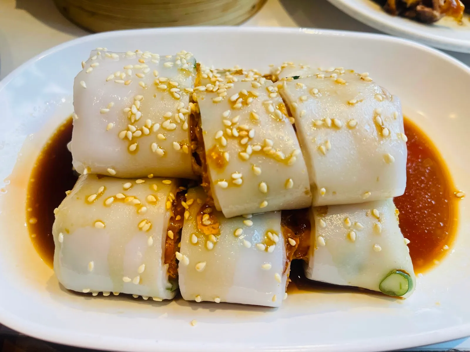 Cheung fun rice noodle rolls in soy sauce at Joy King Lau, Chinatown