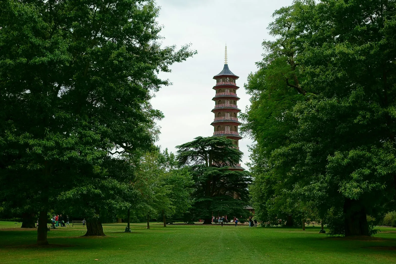 The ten-storey brick and timber Great Pagoda rising above the lawns at the southern end of Kew Gardens