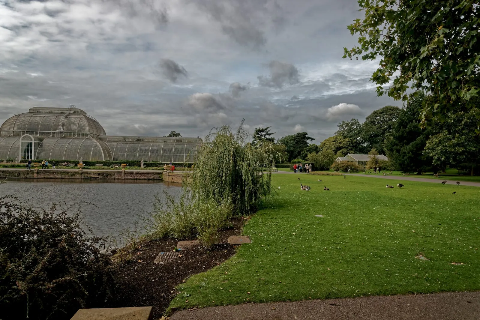 The Victorian iron and glass Palm House at Kew Gardens reflected in the ornamental pond under daylight