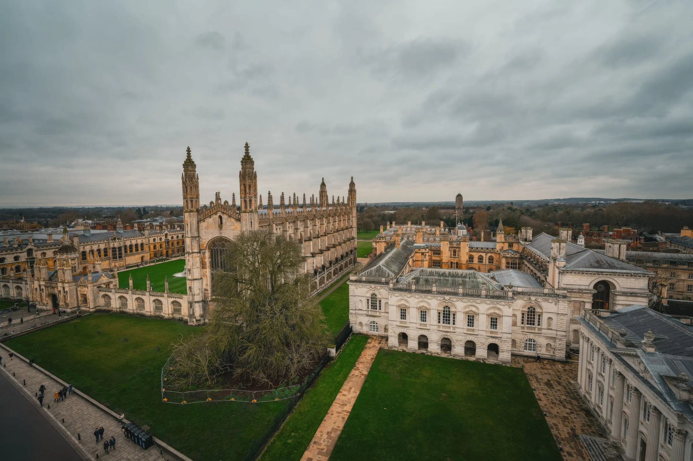 King's College Cambridge from the air: the chapel, the Gibbs Building and the lawns running down to the Backs