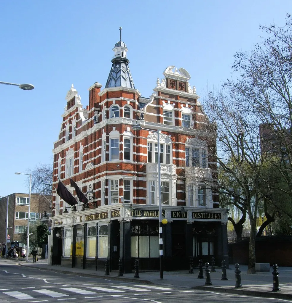 The ornate red brick and stone frontage of the World's End Distillery pub on the King's Road