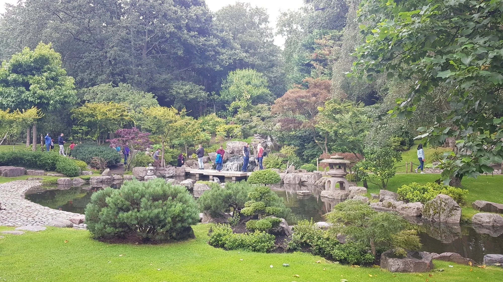 The Kyoto Garden in Holland Park, with a stone lantern beside a still pond and Japanese maples