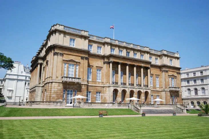 Lancaster House on Stable Yard, St James's, a cream stone mansion with a giant columned portico