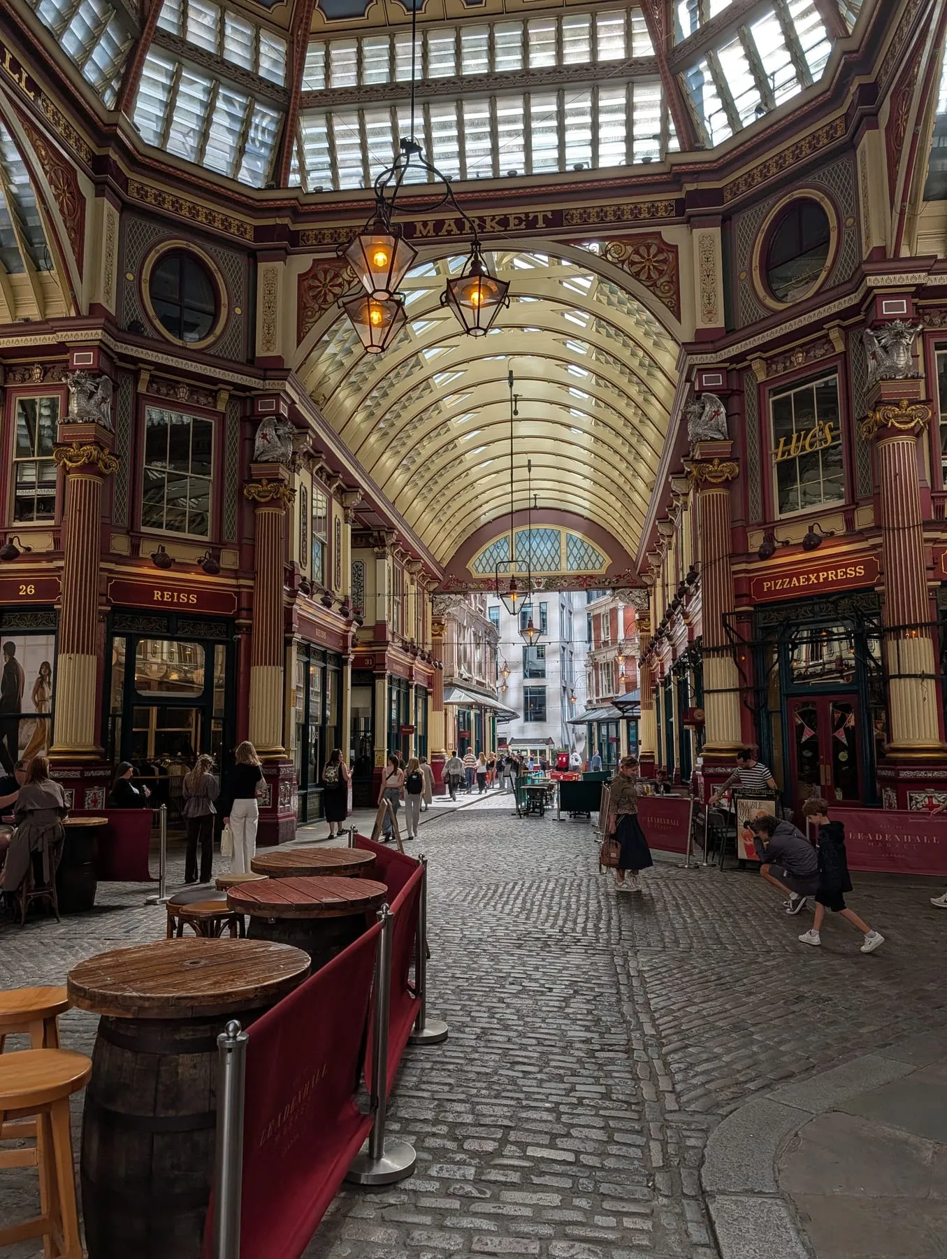 The glazed Victorian roof and painted ironwork of Leadenhall Market