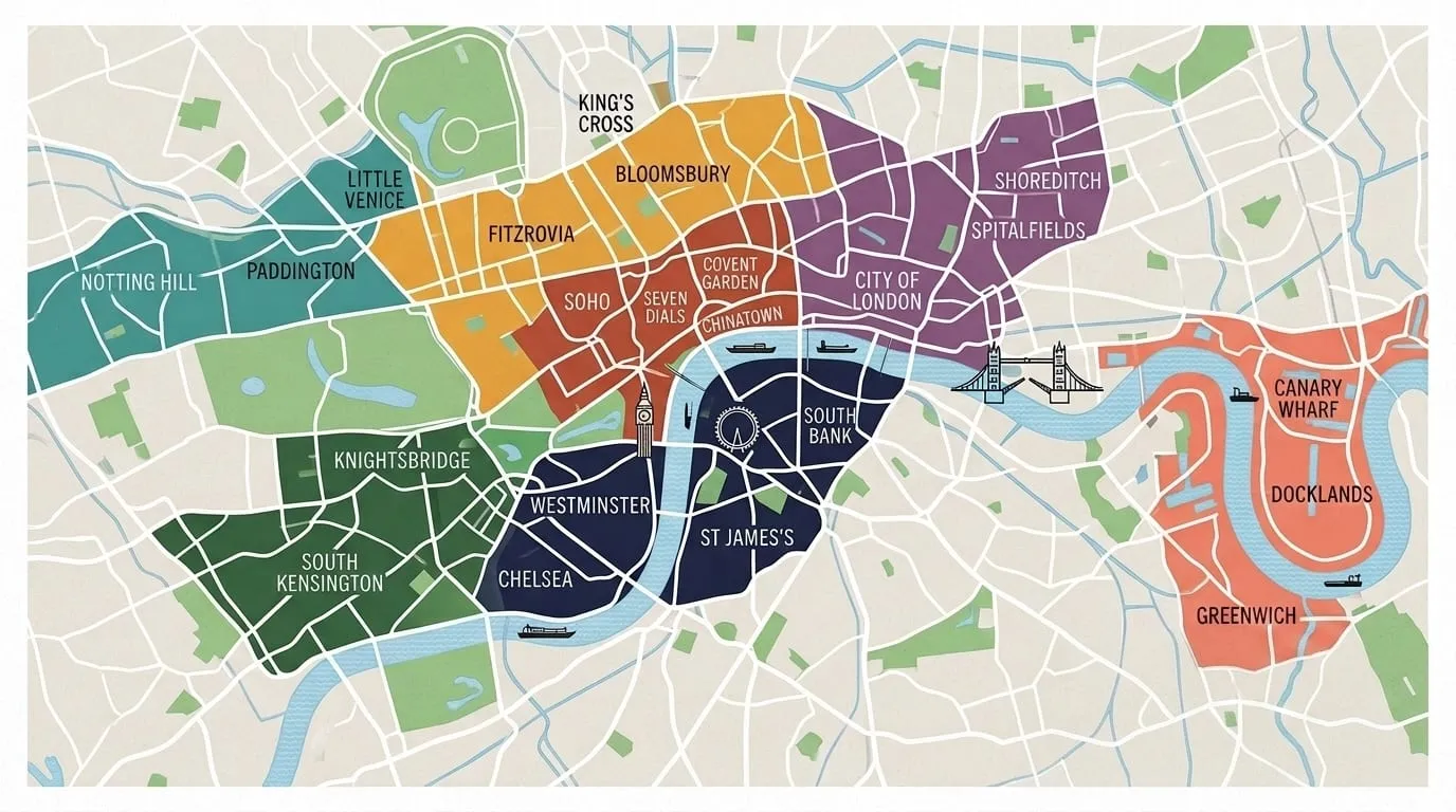 Illustrated map of London's neighbourhoods along the River Thames