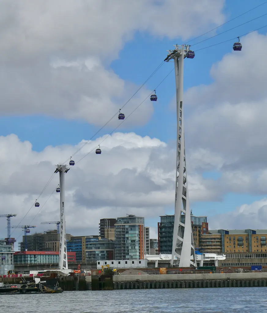 Cable-car gondolas crossing the River Thames in east London.