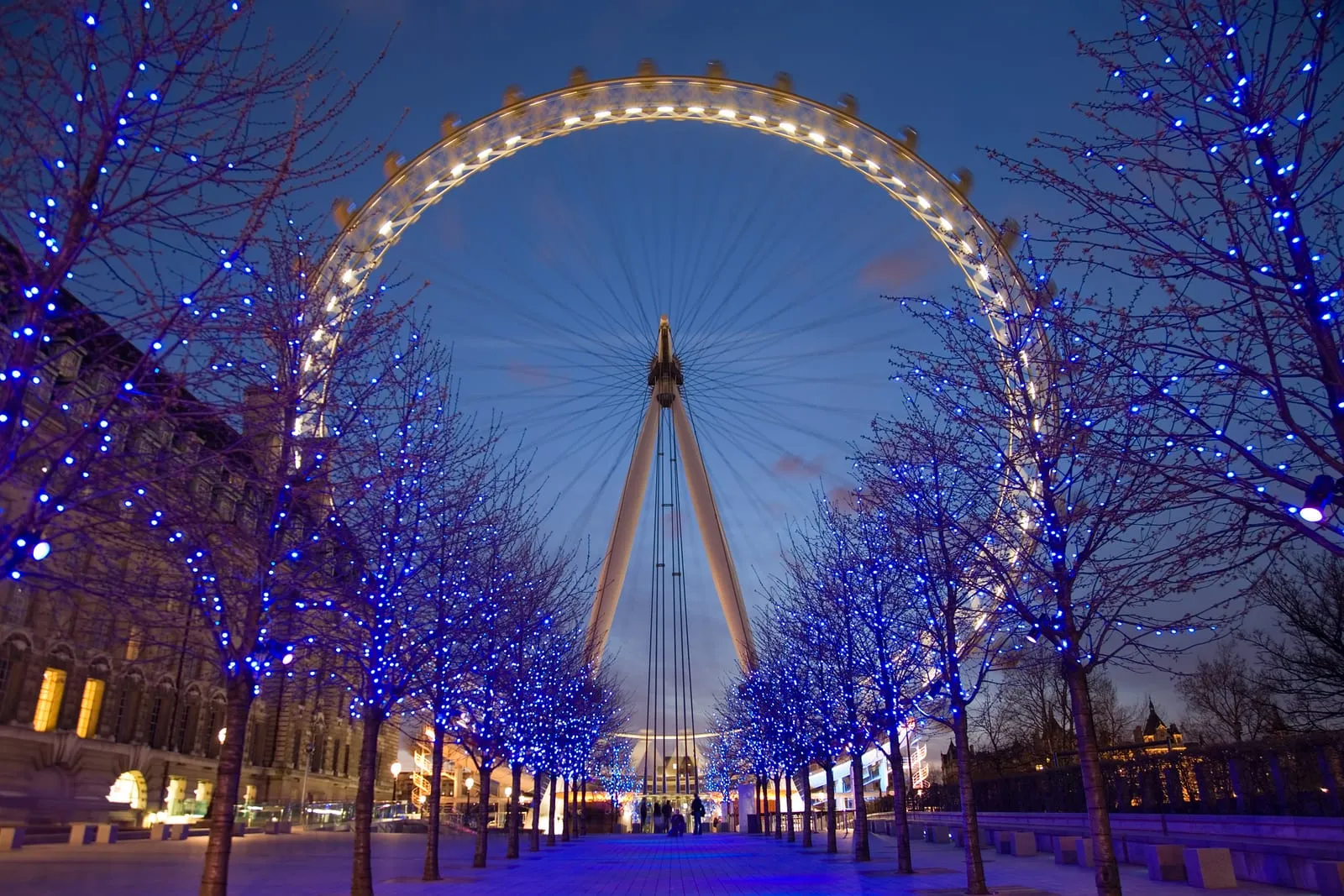 The London Eye illuminated in blue and purple at dusk reflected in the River Thames