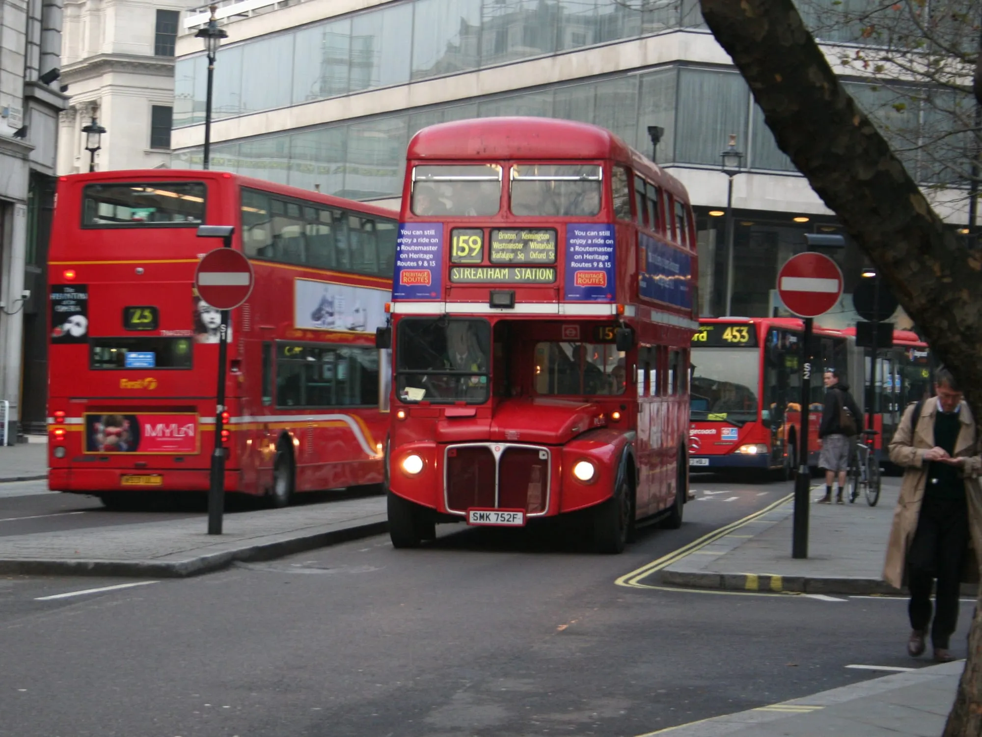 A red Routemaster bus on Cockspur Street in central London