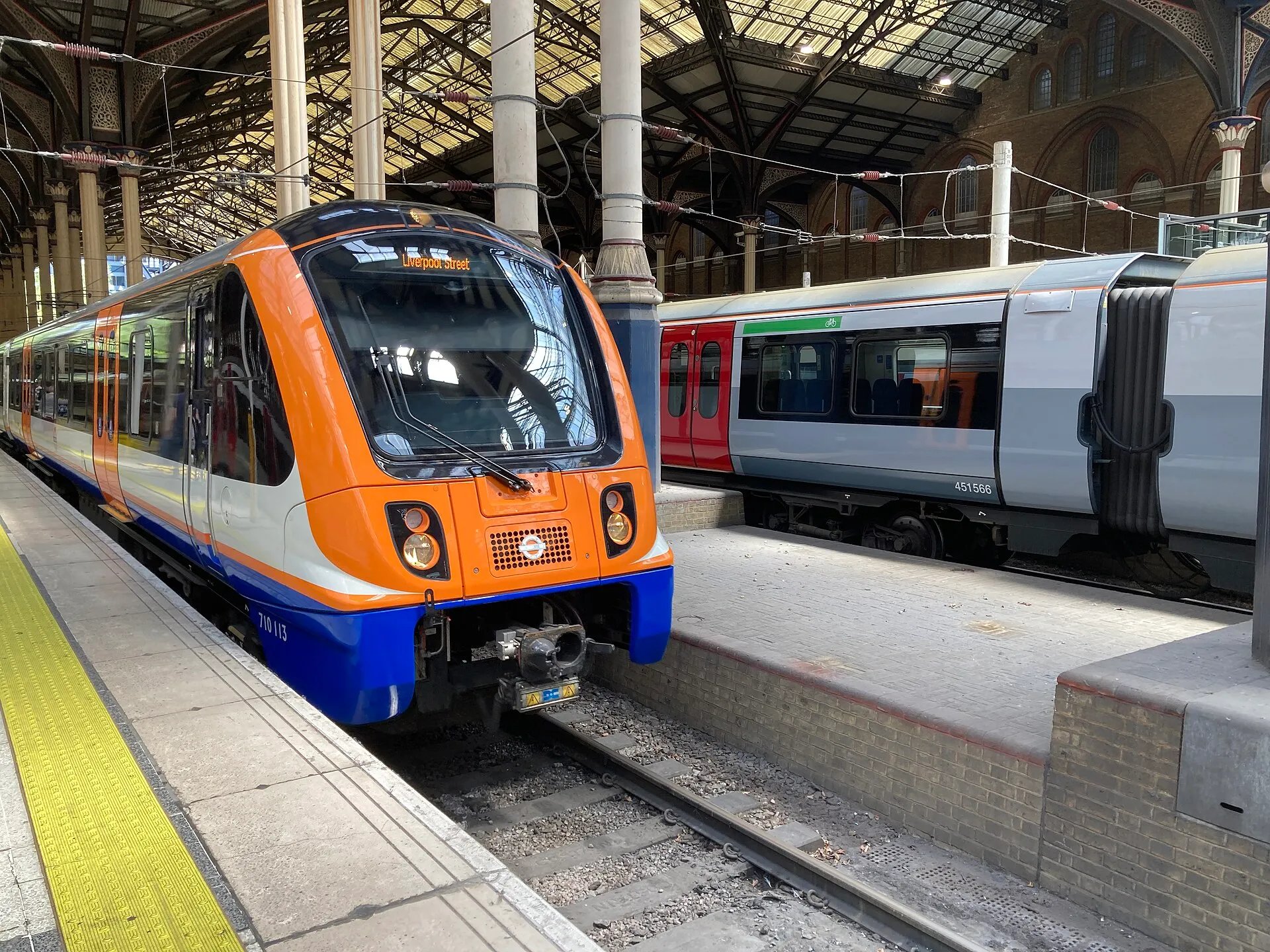 A London Overground Class 710 train at Liverpool Street station.