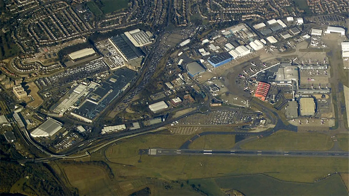 An aerial view of London Luton Airport and the Luton DART route