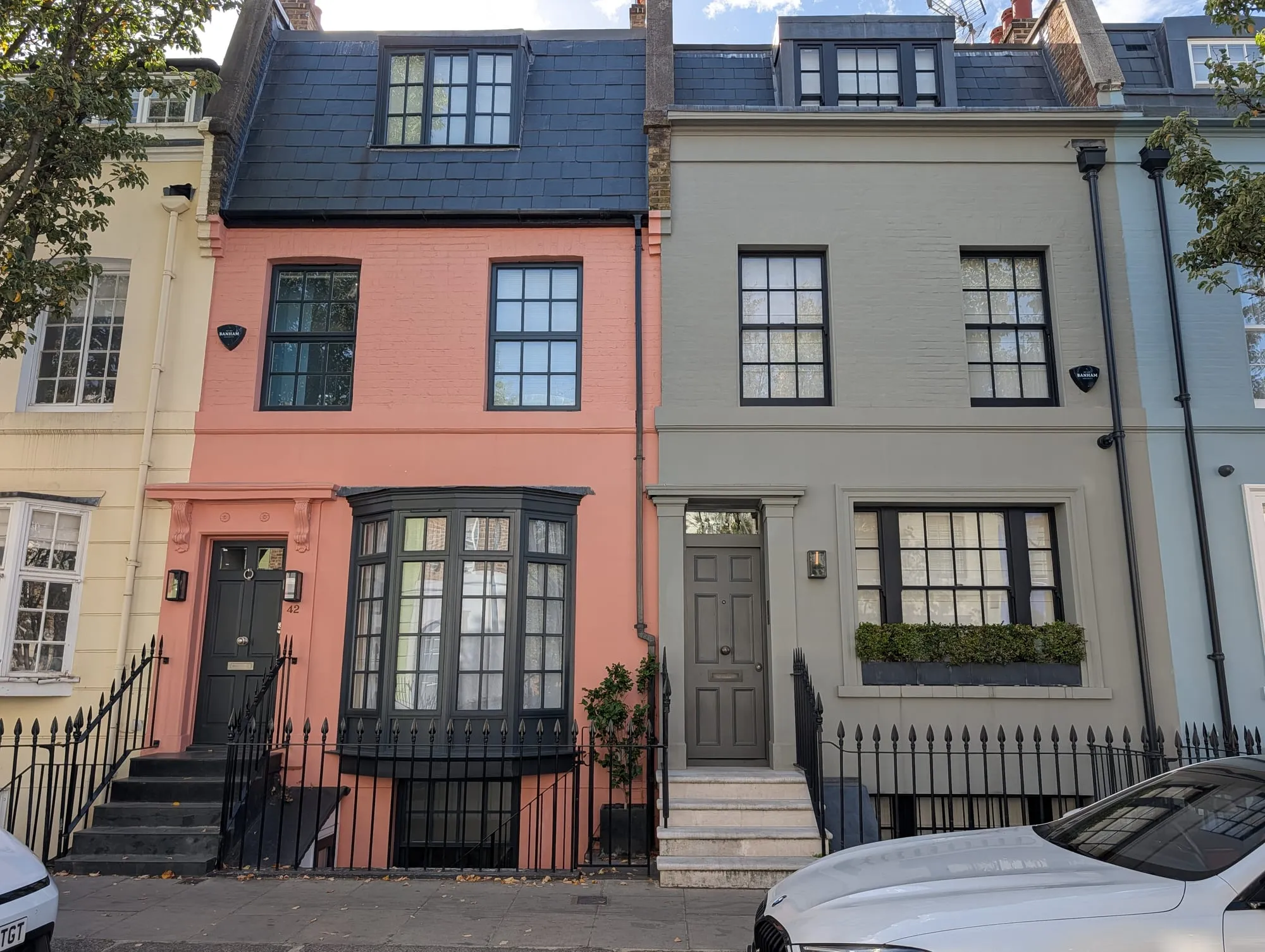 Pink and cream houses on Markham Square, Chelsea