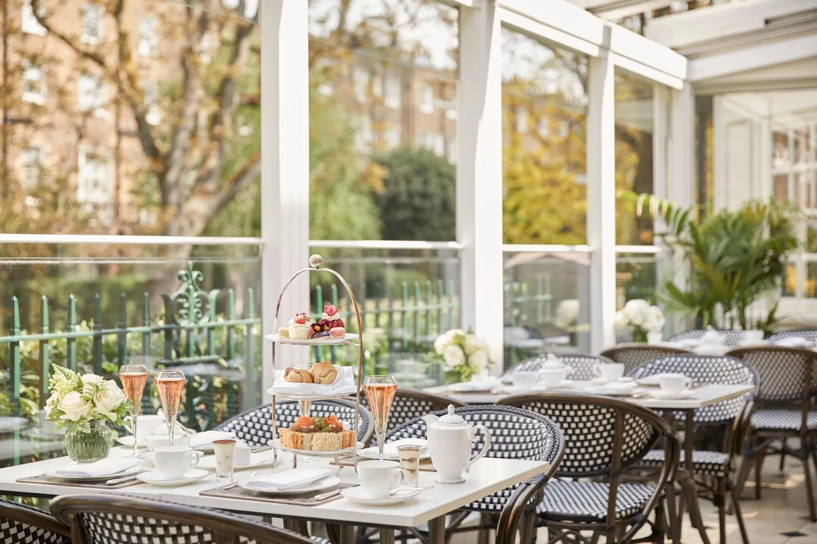The glass conservatory restaurant at The Montague on the Gardens, set for afternoon tea overlooking the private garden