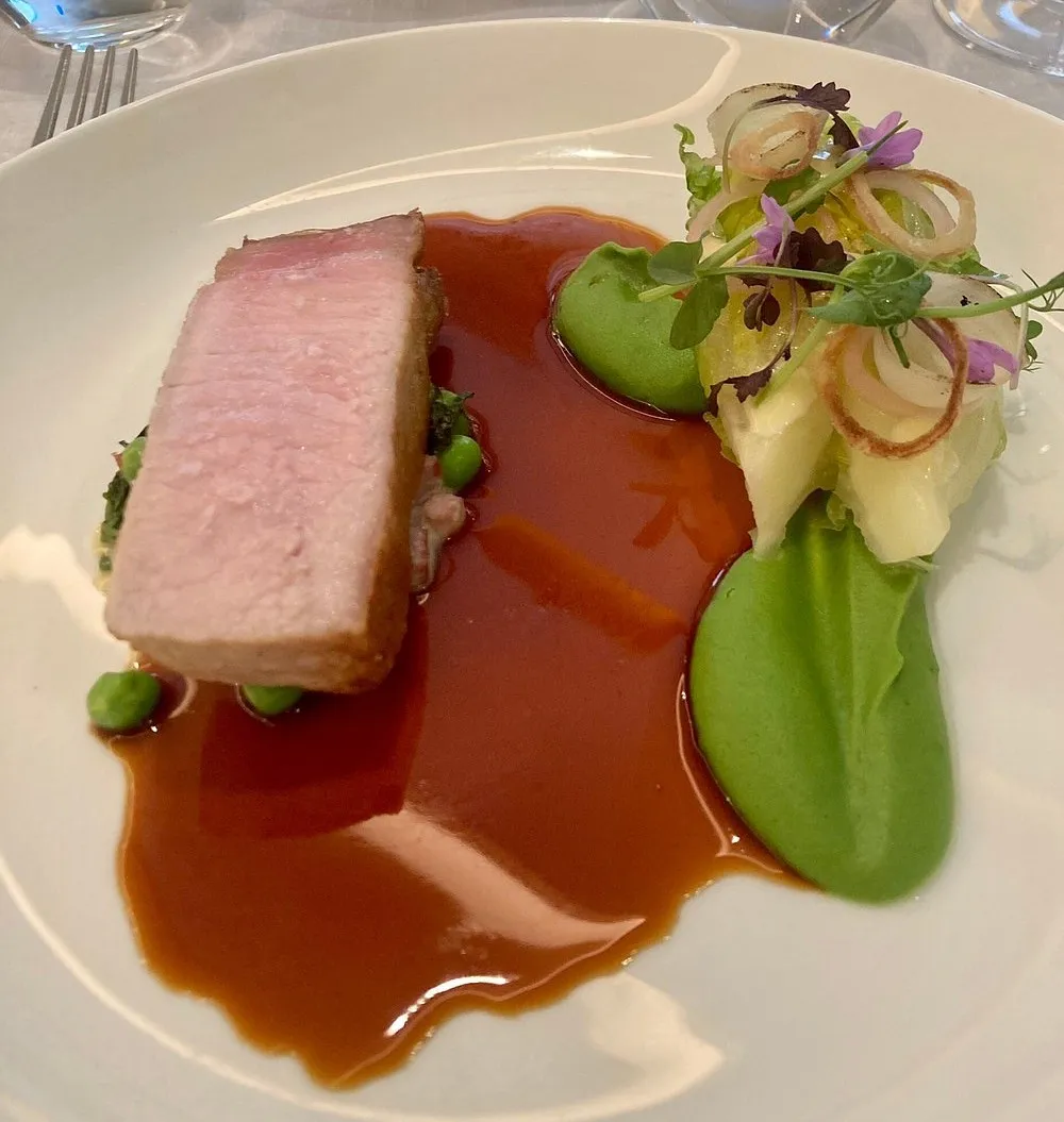 A slice of pink-cooked loin in red jus with pea puree, on a white plate with leaves and shaved onion