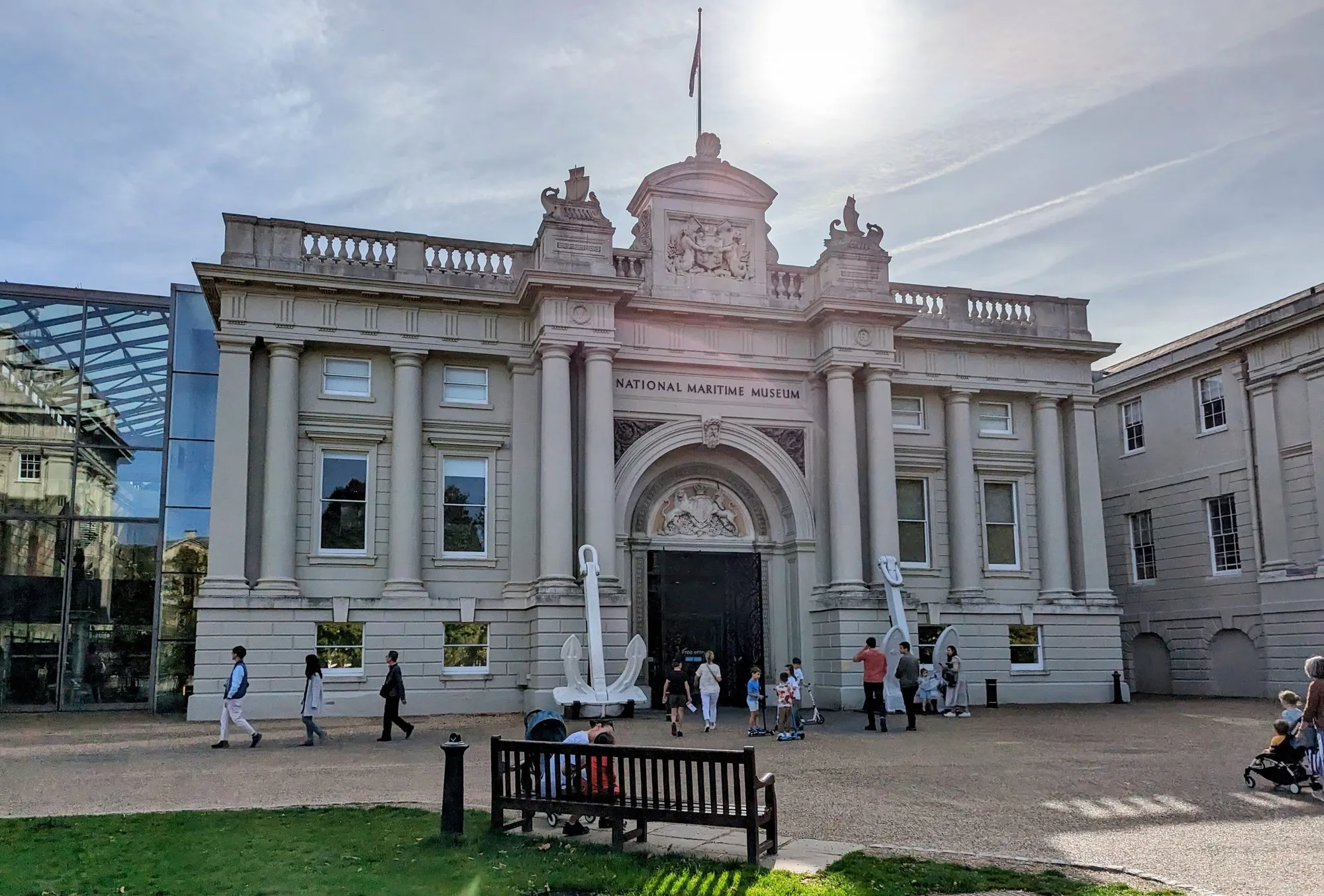 The National Maritime Museum's columned entrance, with two giant white anchors standing either side of the doorway
