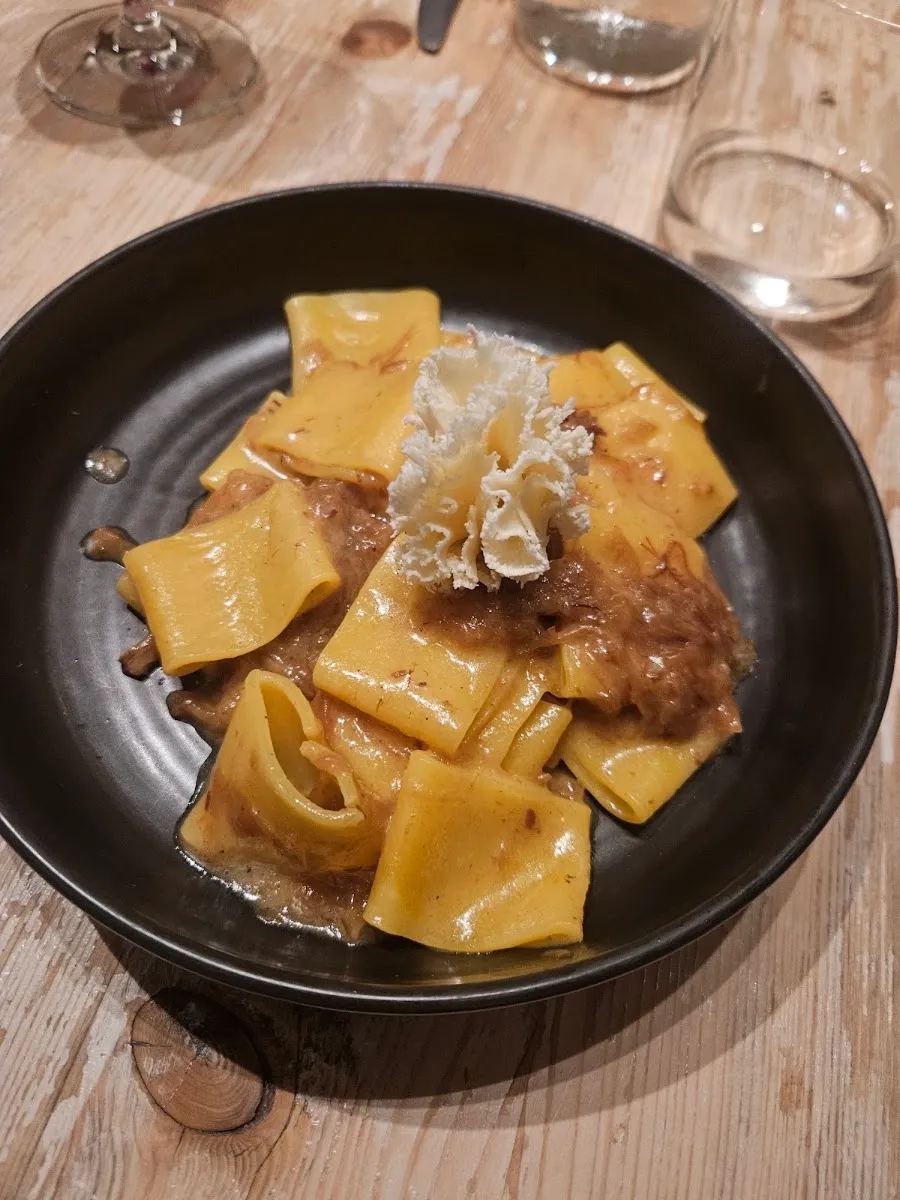 A dark bowl of wide paccheri tubes in a brown ragù, topped with a curl of soft cheese