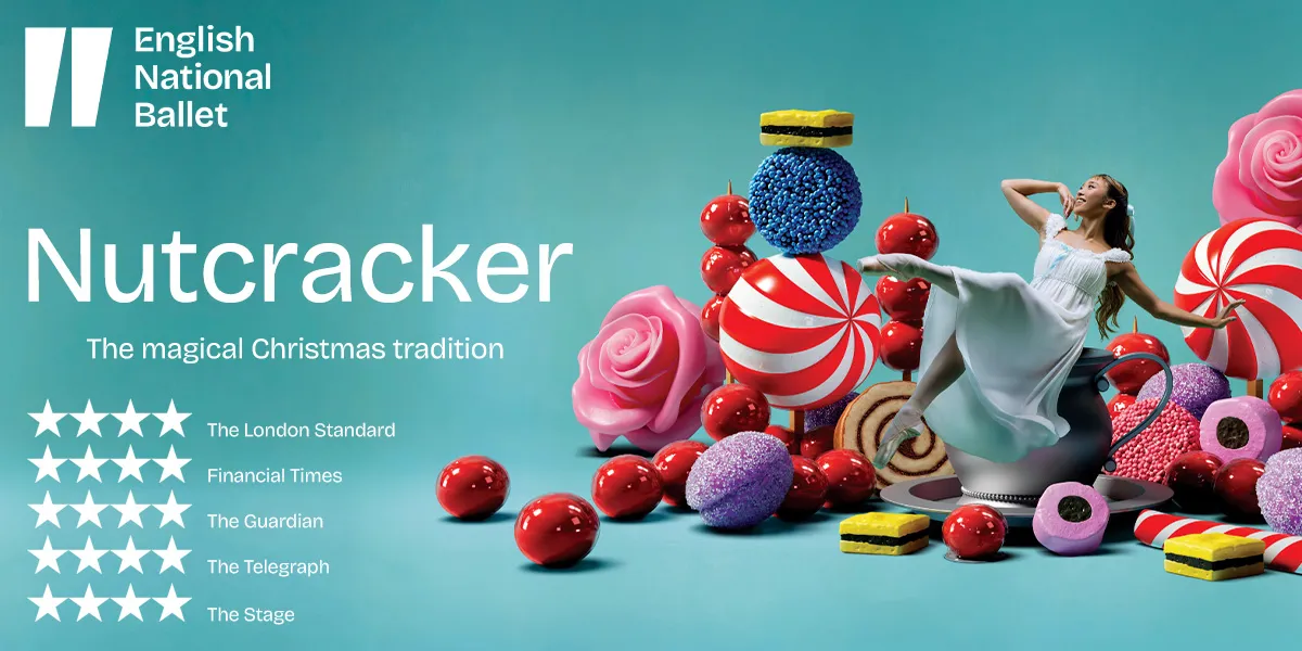English National Ballet artwork for Nutcracker: a dancer in white mid-turn among oversized sweets, boiled sweets and candy canes on a pale blue ground