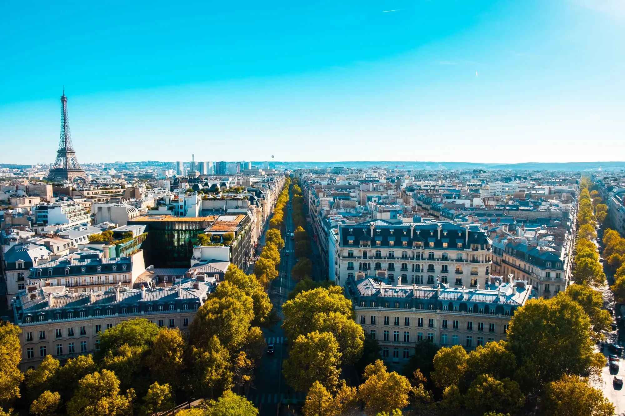Paris from above on a clear day, with the Eiffel Tower on the skyline and a tree-lined avenue running away between stone apartment blocks