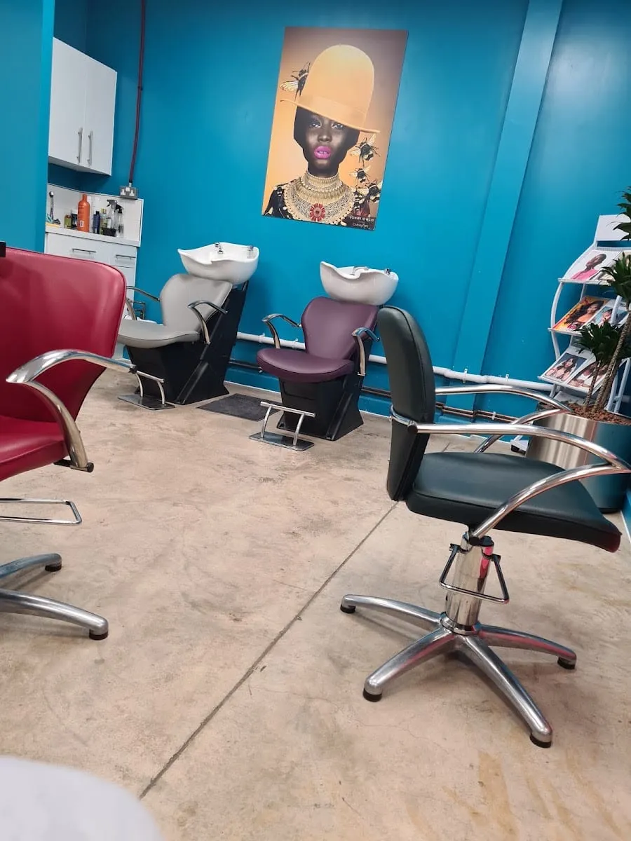 A hairdressing chair and wash basins inside Peckham Palms, against a bright blue wall