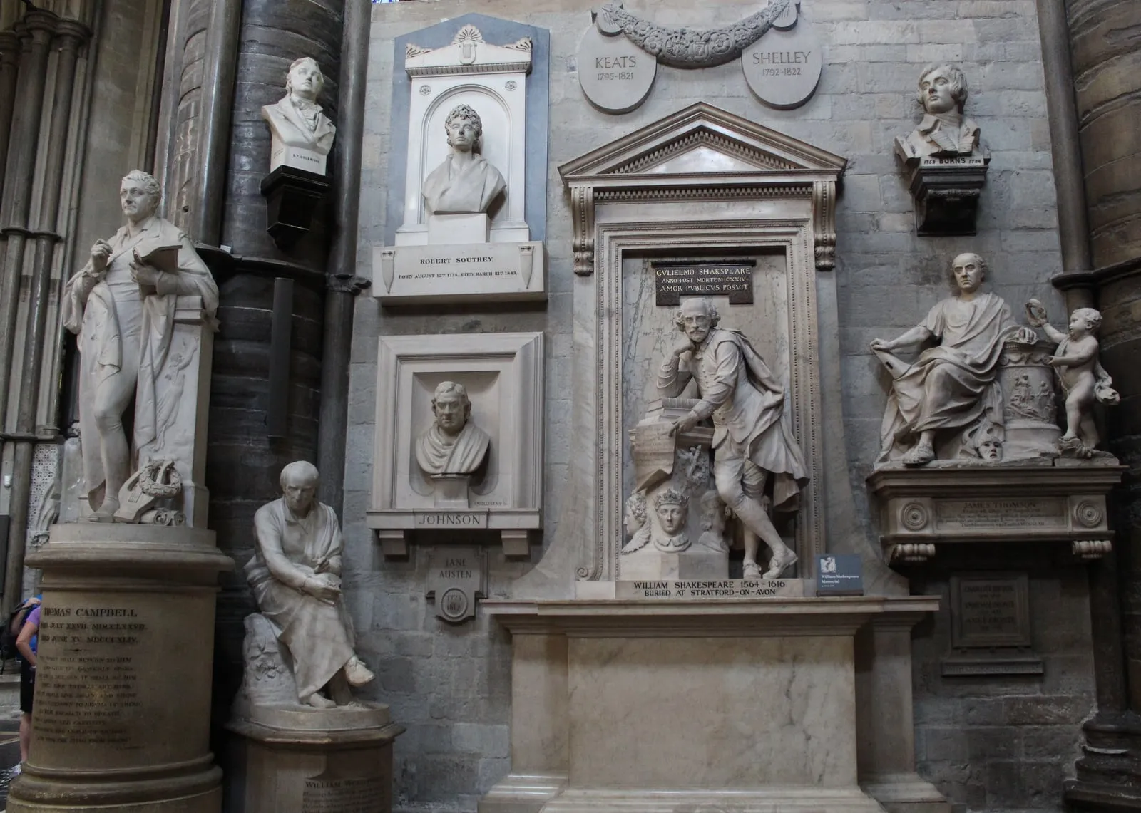 Carved marble monuments and wall memorials to British authors and playwrights in Poets' Corner